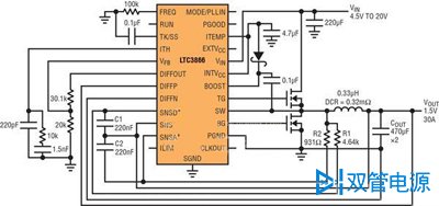 图2：以非常低的DCR完成采样的高效率、1.5V/30A降压型转换器